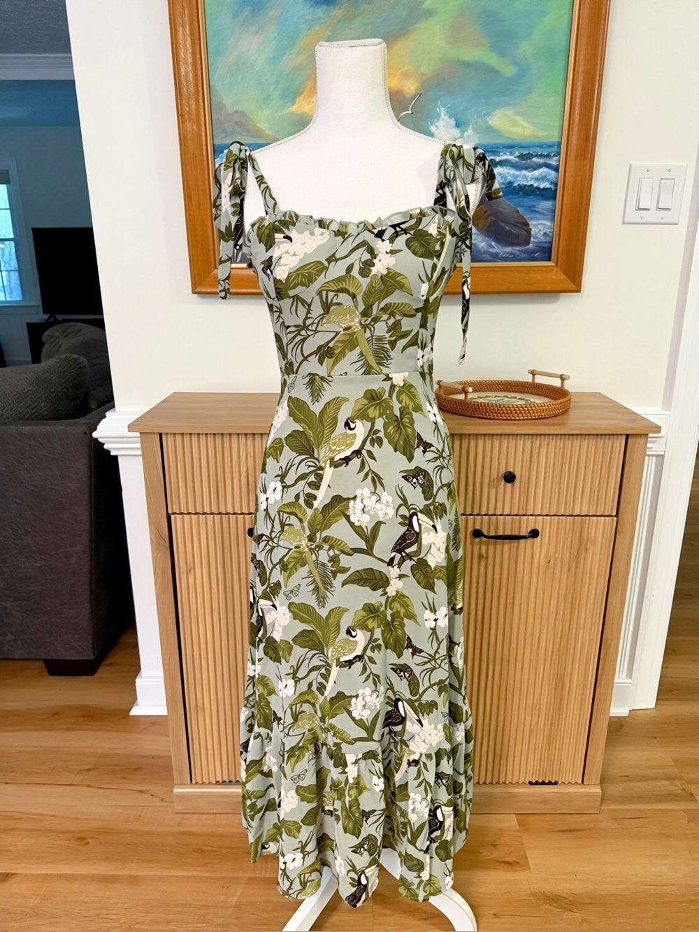 Tie-Shoulder Midi Dress in Olive Botanical Print